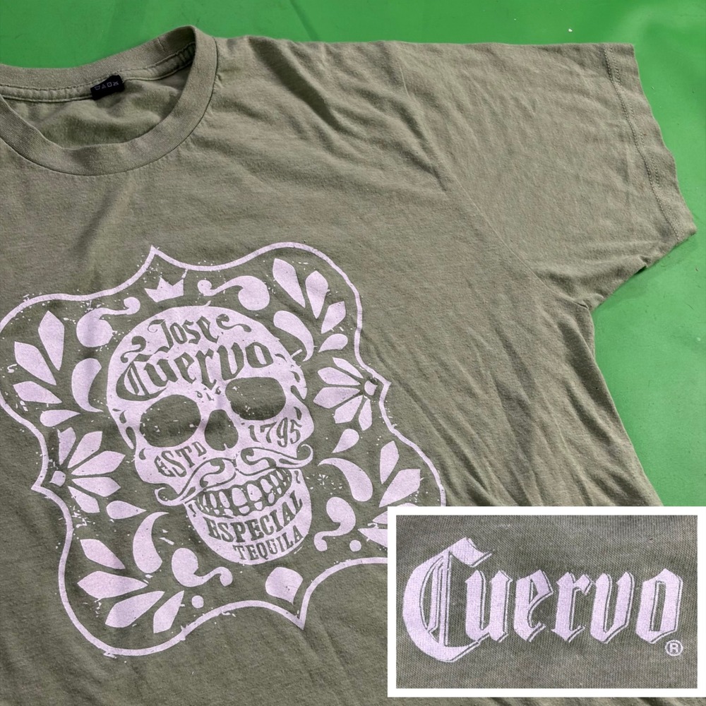 Jose Cuervo T-Shirt Mens L Olive Green Sugar Skull Graphic Double-Sided Tee EUC